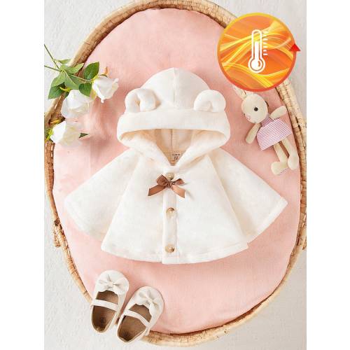 SHEIN 2-24M Baby Girls Furry Hooded Cape, Thick & Cozy For Autumn Winter