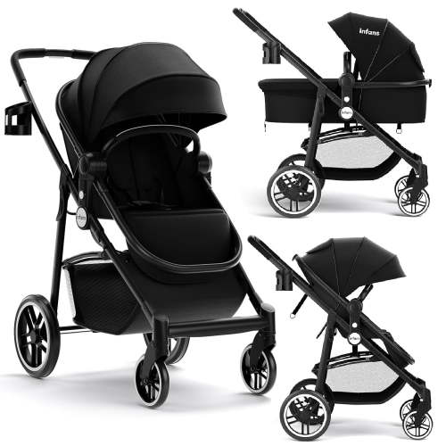 Olakids 2 in 1 Baby Stroller, Compact Bassinet Pram, Anti-Shock Suspension, Foldable, Black