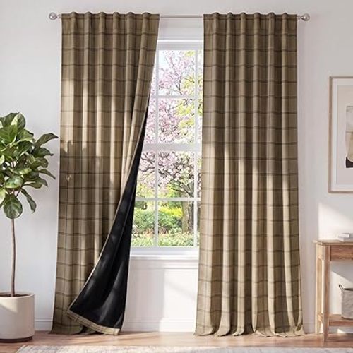 KGORGE 100% Blackout Plaid Curtains 84 inches Long Checked Drapes, Farmhouse Room Darkening Privacy Gingham Window Treatment for Bedroom Living Room Nursury Vintage, Linen, W52 x L84, 2 Panels