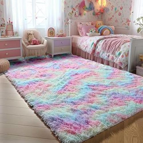 PAGISOFE Fluffy Soft Area Rug,Plush Furry for Girls Bedroom,Shaggy and Kawaii Rug for Playroom,Nursery,Baby's Toddler's Room,Cute and Colorful Room Decor for Kids,3x5,Rainbow