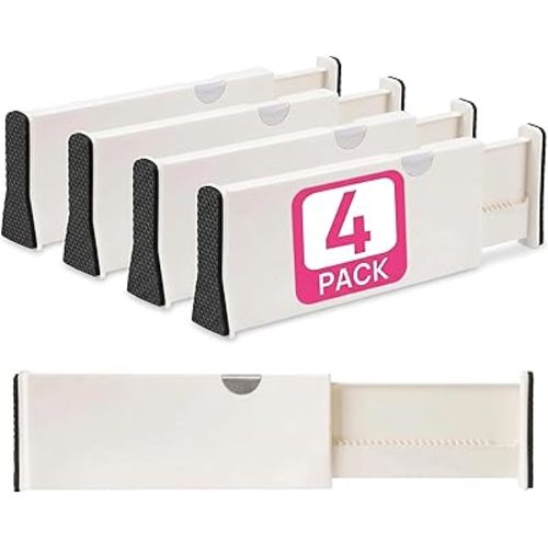 4 Adjustable Drawer Dividers, Organize Silverware and Utensils in Home Kitchen, Divider for Clothes in Bedroom Dresser, Designed to Not Snag Underwear and Bra Fabrics, Bathroom Storage Organizers
