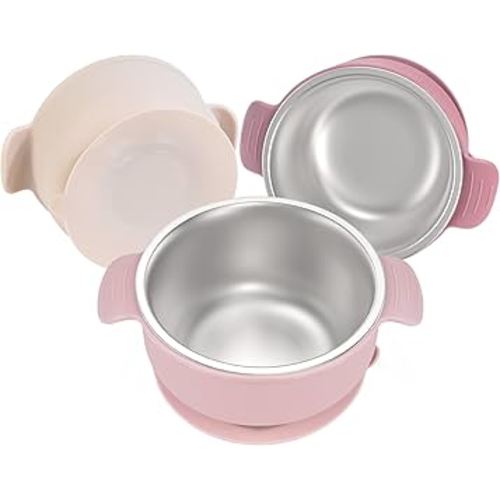 Bella’s Friends Stainless Steel and Silicone Baby Bowls with Suction 3 Pack, 4.3” for Toddlers Kids Feeding, Non-Slip, Non-Toxic, Mess-Free, Dishwasher Safe, Fit High Chair Size, light pink beige pink