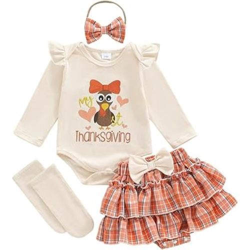 MoZiKQin Baby Girl Easter Outfit Bunny Cross Romper Onesie Ruffle Layered Shorts Headband Socks Cute Easter Clothes