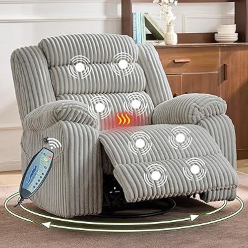 Oversized Power Swivel Rocker Recliner for Living Room, Extra Wide Glider Nursery Rocking Chair with Vibration Massage and Heat, USB & Type-C Charging Port and Cup Holder for Adults