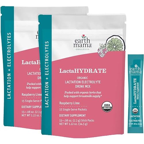 Earth Mama Organic LactaHYDRATE Lactation Drink Mix, 15 Servings – USDA Certified Organic Hydration Drink with Herbs Used to Help Support Breastmilk Supply* for Breastfeeding Moms (Pack of 2)