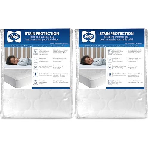 Sealy Baby Stain Protection Fitted Waterproof Infant Crib Mattress Protector Pad and Toddler Bed Cover, Durable and Comfortable Topper, Machine Washable and Dryer Friendly, 52” x 28”- White