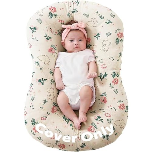 FUNUPUP Muslin Baby Lounger Cover Only Compatible with Snuggle Me Lounger, Infant Lounger Pillow Cover for Newborn, Removable Newborn Lounger Cover for Boys and Girls, Only Cover, Pink Flower