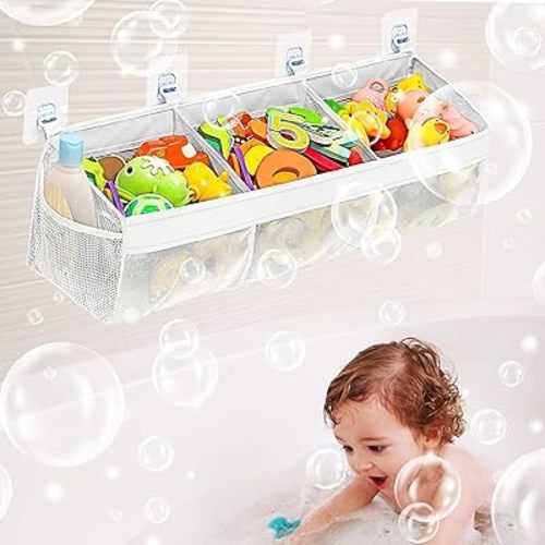 Bath Toy Storage Organizer 60cm Mesh Baby Bath Toy Organiser with 3 Large Compartments, 4 Strong Suction Hooks & Quick-Drying Design| Bathroom Storage Tidy for Toys