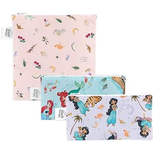 Bumkins Disney Reusable Sandwich and Snack Bags, for Kids School Lunch and for Adults Portion, Washable Fabric, Waterproof Cloth Zip Bag, Travel Pouch, Food-Safe Storage, 3-pk Princess Magic