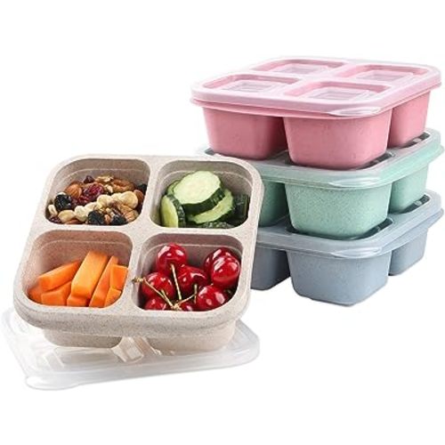 4 Pack Snack Containers, 4 Compartments Bento Snack Box, Reusable Meal Prep Lunch Containers for Kids Adults, Divided Food Storage Containers for School Work Travel