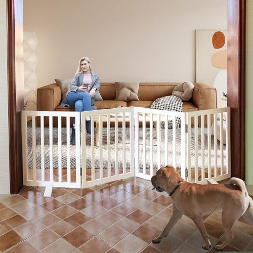 Baby Gate Indoor, Freestanding Fence for The House, Doorways, Hallways,or Stairs,Pet Gate Foldable Wooden,Expandable 24" Height 4 Panels,White