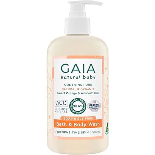 GAIA skin Natural Baby Bath and Body Wash ; Certified Natural ; Ideal for Newborns ; Sensitive Skin formula ; organic Avocado Oil ; organic Chamomile ; Soap Free ; Perfume Free ; Australian Made - 500mL