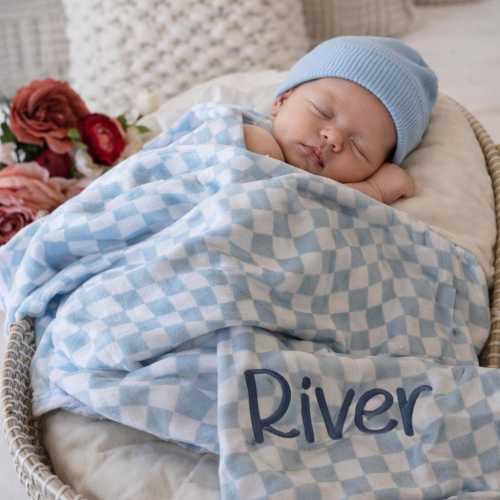 Personalized Baby Blanket, Embroidered Baby Blanket, Baby Shower Gift, Blue Checkered Blanket, Paci Clip