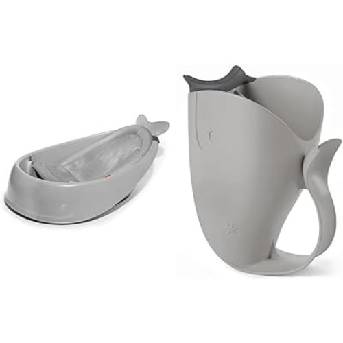 Skip Hop Baby Bath Tub, 3-Stage Smart Sling Tub, Moby, Grey & Baby Bath Rinse Cup, Moby Tear-Free Waterfall Rinser, Grey