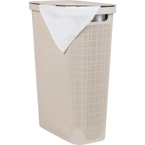 Mind Reader Slim Laundry Hamper with Lid, 40L Clothes Basket, Linen Design, Plastic, Ivory