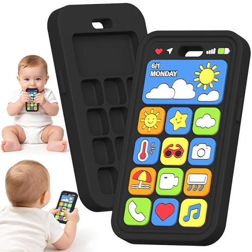 Baby Teething Toys Silicone Baby Phone Teether Over 3 Months - Sensory Chew Toys Baby Teether for Teething Relief - BPA Free Infant Toys Baby Shower Gifts (1, Black)