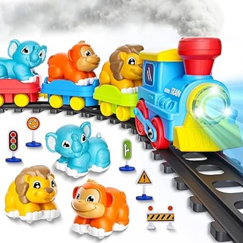Train Set for Toddlers w/Steam, Music & Lights - Electric Train Toy for Kids with Tracks Accessories, Includes 3 Animals Car : Lion Gorilla and Elephant, Best Gifts for 3 4 5 6 7+ Years Old Boys Girls
