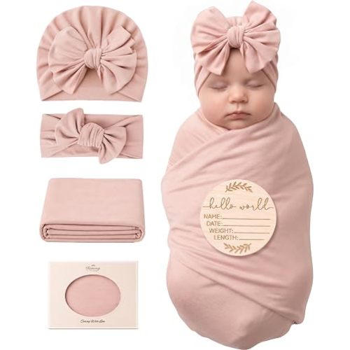 Konssy Baby Swaddle Blanket Set for Girl, 4-Piece Newborn Receiving Blanket