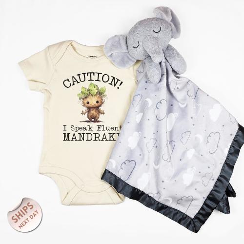 Caution I Speak Fluent Mandrake Baby Onesie®and blanket, Funny Caution Baby Bodysuit, Mandrake Wizard Baby Romper, Baby Shower Gift, 2001271