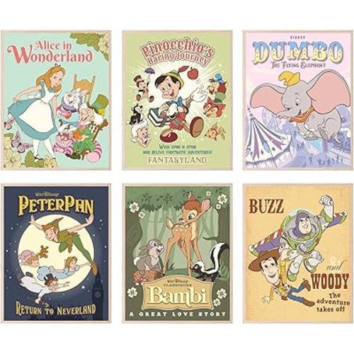 BigWig Prints - Classic Disney Movie Posters, Disney Nursery Wall Art, Bedroom Wall Decor, Home Decorations For Bedroom, Kids Room Art, Picture Set - Unframed Set Of 6 (8x10”)
