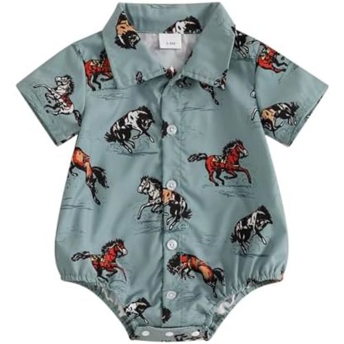 Newborn Baby Boy Western Clothes Button Down Short Sleeve Shirt Romper Lapel Collared Bodysuit Country Style Outfit