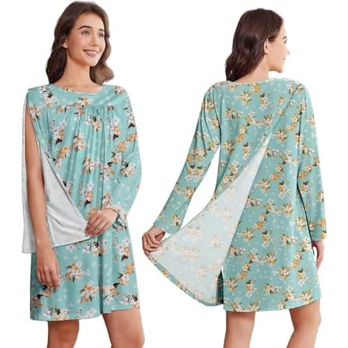 Deyeek Hospital Gowns for Women Open Back Dress Long Sleeve Post Surgery Tear Away Snaps Adaptive Nightgowns with Arm Snaps