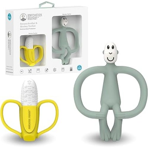 Matchstick Monkey Teething Gift Set for Babies – Includes Banana Soother & Monkey Teether, Easy-to-Grip BPA-Free Silicone for Teething Relief & Oral Development, 3 Months+, Mint Green