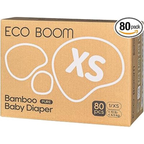 ECO BOOM Newborn Diapers, Natural Soft Disposable Nappies for Infant, Hypoallergenic, Size 1 Suitable for up to 10 lbs (X-Small - 80 Count)