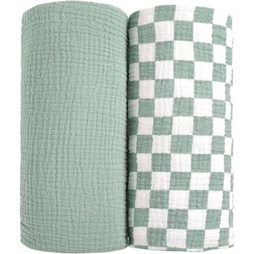 lulumoon Muslin Swaddle Blankets for Baby: Soft Cotton Newborn Receiving Blankets - Plaid Print Nursery Gift Set for Baby Girls(SagePlaid)