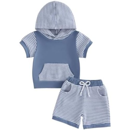 Toddler Baby Boy Hooded Summer Outfit Contrast T Shirt Shorts Set Infant boy Waffle Clothes 6 12 18 Months 2T 3T
