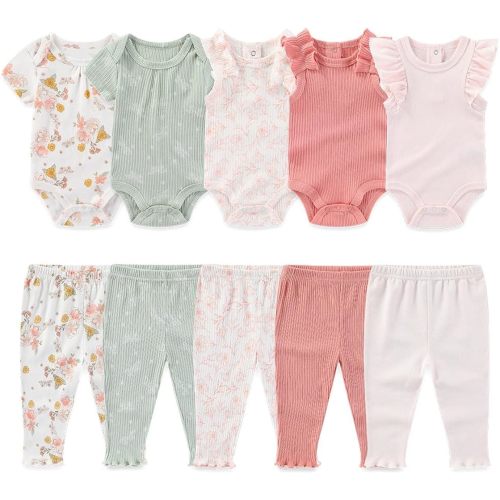 Kiddiezoom Newborn Baby Layette Set 10-Piece with Bodysuits and Pants Set for Unisex Baby Gift Sets