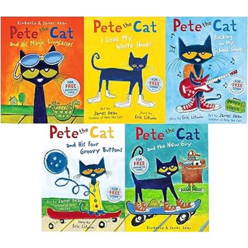 Pete the Cat Series 5 Books Collection Set (Pete the Cat I Love My White Shoes, Rocking in My School Shoes, His Four Groovy Buttons, His Magic Sunglasses & The New Guy)
