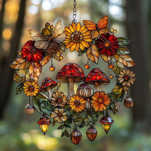 Autumn Forest Mushroom Floral Wreath Acrylic Window Hanging Faux Stained Glass Suncatcher – Woodland Toadstool Fall Gift For Nature Lovers