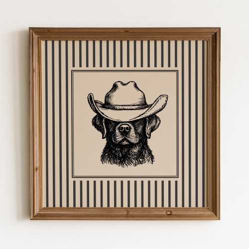 Western Cowboy Labrador Dog Wall Art – Cool Dog Illustration with Striped Border, Western Statement Decor, Western Vintage Dog Print
