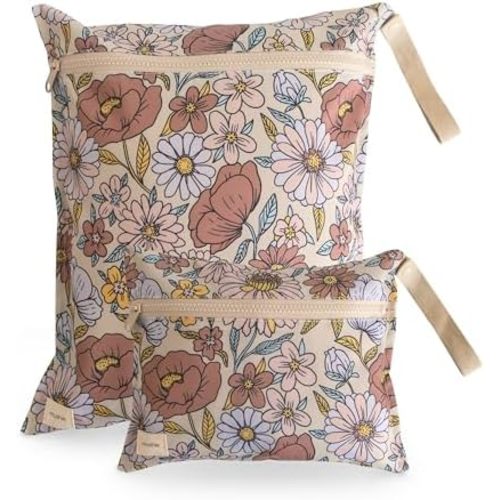 mushie Water Resistant Wet Bags | Large & Small Reusable Storage Bag for Baby Items and Travel | Zippered Pockets with Handle | Machine Washable, Set of 2 (Retro Flowers)