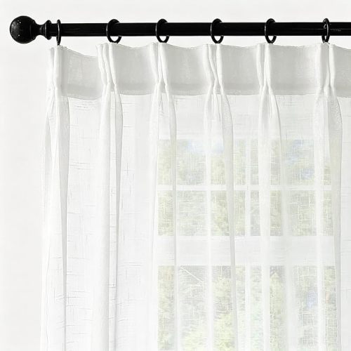 Off White Sheer Curtains 102 Inch Long 2 Panels, Thin Textured Linen Look Ceiling Curtains & Drapes for Living Room, Rustic See Through Window Decor, Pinch Pleat Sliding Glass Door Curtain