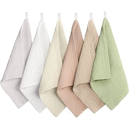 Muslin Baby Wash Cloths 10x10inch 100% Cotton Washcloth Soft Absorbent Baby Face Towel for Baby Girl Boy 6Packs (Neutral)