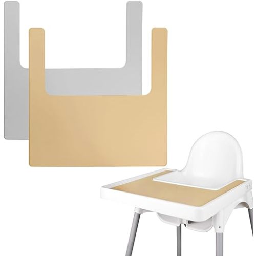 High Chair Placemat, Long Lasting High Chair Placemat Silicone, 2-Piece Set, Can Be Used Interchangeably, Suitable for IKEA Antilop Highchai, for Toddlers and Babies (Khaki/Light Grey)
