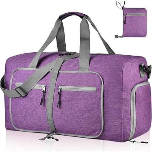 Dimayar 65L Travel Duffle Bag for Men Women - Foldable Duffel Bag with Shoes Compartment - Overnight Bags Waterproof & Tear Resistant(Purple)