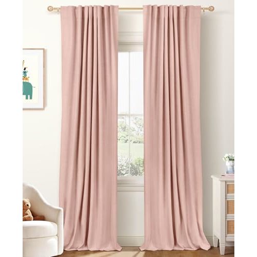 100% Blackout Shield Linen Blackout Curtains for Bedroom 84 Inches Long, Back Tab/Rod Pocket Living Room Drapes, Thermal Insulated Blackout Curtains 2 Panels Set, 50" W x 84" L, Blush Pink