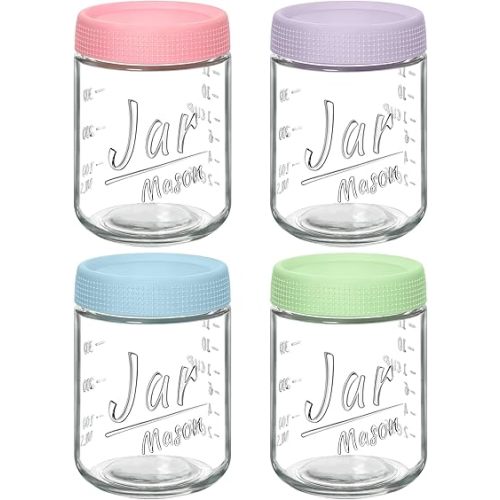 Xyptorix Paquete de 4 Recipientes de Avena Nocturna de 16oz con Tapas Herméticas - Frascos de Vidrio Mason con Marcas de Medición para Yogur, Preparación de Comidas y Pudín de Chía, Apilables y a