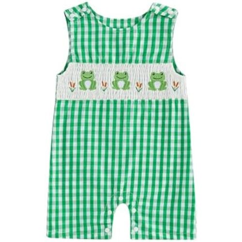 Newborn Baby Boys Sleeveless Seersucker Romper One Piece Straps Overalls Striped Jumpsuit Summer Smocked Clothes