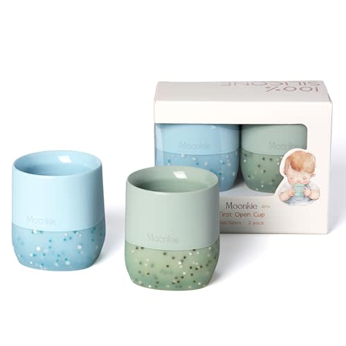 Moonkie Silicone Baby Cups 4 Months+ | Tiny Open Training Cups for Infants with Confetti Sprinkles | Baby-Led Weaning Essential | 2 oz (Ether/Mint, 2 Pack)