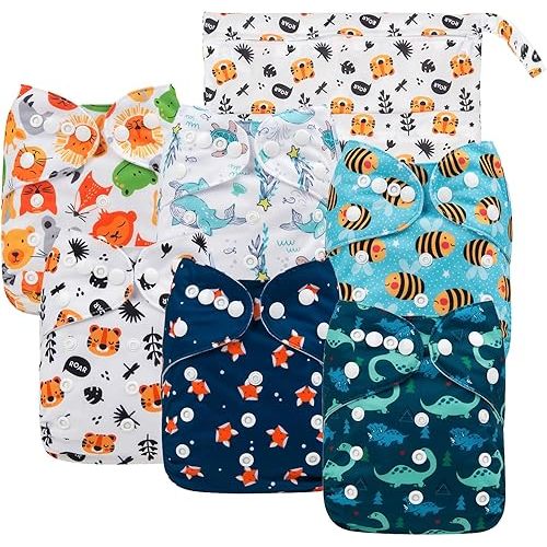Babygoal Cloth Diaper Covers 6 Pack+Wet Bag for Fitted Diapers and Prefolds with Double Gussets, Adjustable and Reusable for Baby Boys 6DCF08