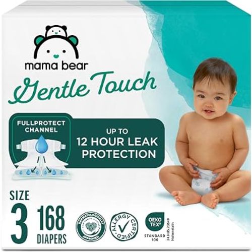 Amazon Brand - Mama Bear Gentle Touch Baby Diapers, Size 3, 168 Count (4 packs of 42), Leakproof, Keeps Baby Dry, Skin Safe, Formulated without Fragrance with Wetness Indicator