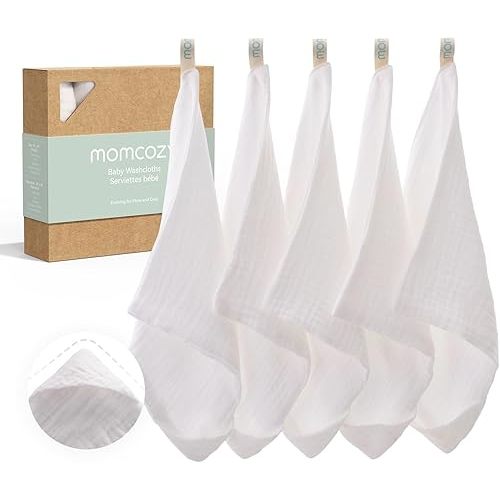 Momcozy Soft & Absorbent Baby Washcloths - 4 Layer Design| Medium Thickness| Premium Cotton for Newborns' Skin-Great for Bathing, Wiping & on-The-go Use, Shower Gift and Essential(5 Pack, 10x10 inch)