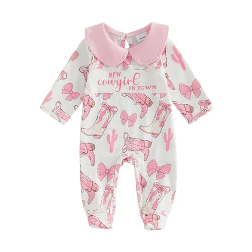 allshope Infant Baby Girl Fall Outfit Sweatshirt Romper Footies Doll Collar Boots Cow Print Jumpsuit Newborn Winter Clothes
