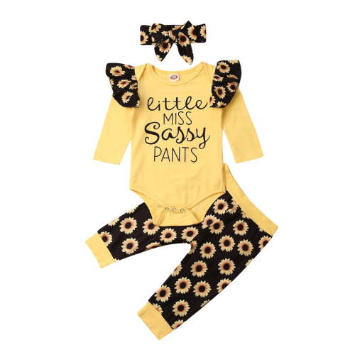 Newborn Infant Baby Girl Ruffle Little Miss Romper Bodysuit Floral Long Pants Headband Fall Outfit Clothes