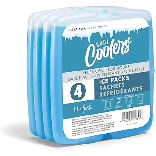 Cool Coolers By Fit & Fresh 4 Pack Slim Ice Packs, Quick Freeze Space Saving Reusable Ice Packs for Lunch Boxes or Coolers, Blue