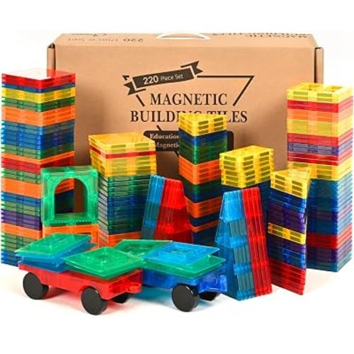 cossy 220Pcs Magnetic Tiles Magnetic 3D Building Blocks Set, Construction Toys for 3 4 5 6 7 8 Year Old Boy and Girl with Stronger Magnets, Educational Toys, Recreational, Conventional